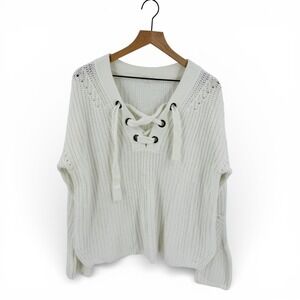 GAP White Cotton Knit Lace-Up V-Neck Pullover Sweater Nautical Coastal Size XL